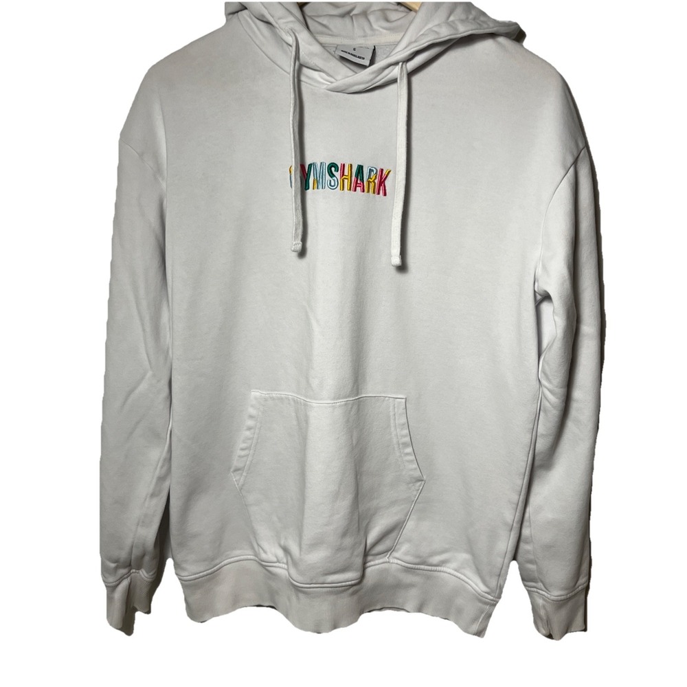 Gymshark Womens White Embroidered Multi Color Logo Pullover‎ Hoodie GLPO5849 S